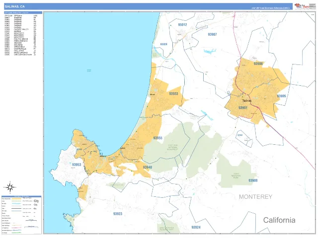 Salinas, CA ZIP Code Wall Map, Business Reference style
