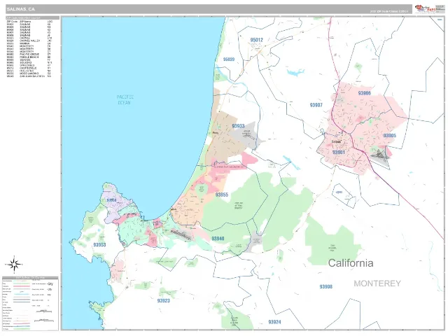 Salinas, CA ZIP Code Wall Map, Classic style