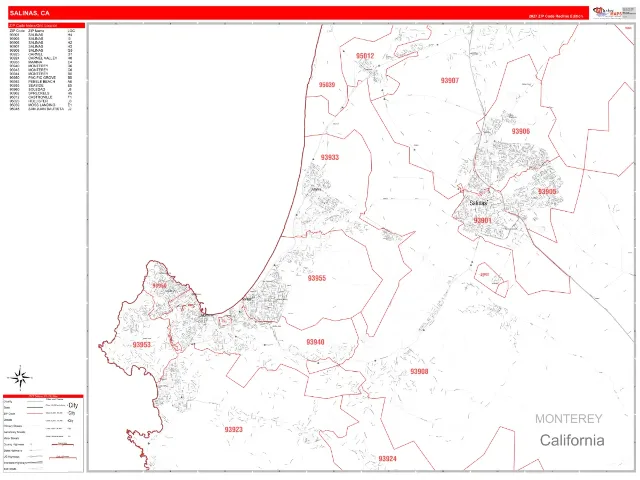 Salinas, CA ZIP Code Wall Map, RedLine style