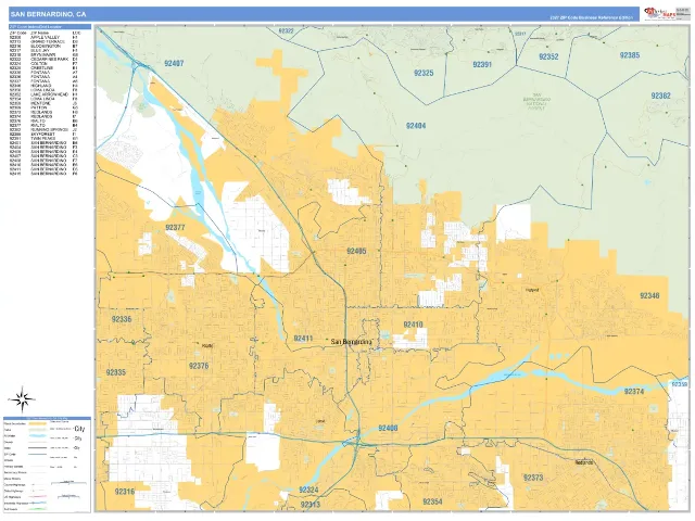 San Bernardino, CA ZIP Code Wall Map, Business Reference style
