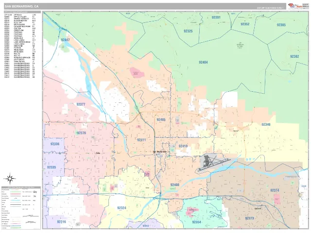 San Bernardino, CA ZIP Code Wall Map, Classic style