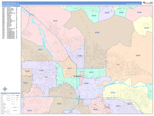 San Bernardino, CA ZIP Code Wall Map, ColorCast style