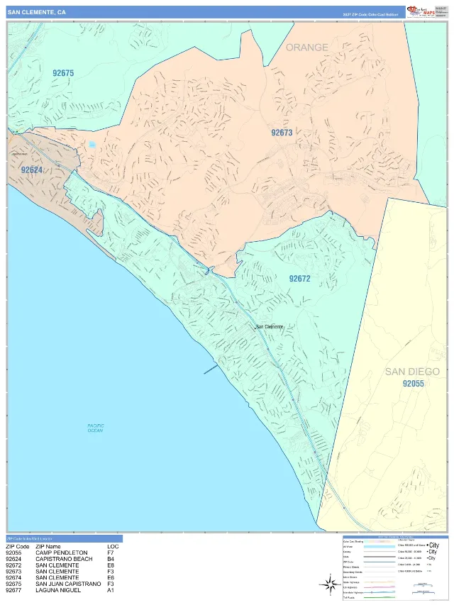 San Clemente, CA ZIP Code Wall Map, ColorCast style