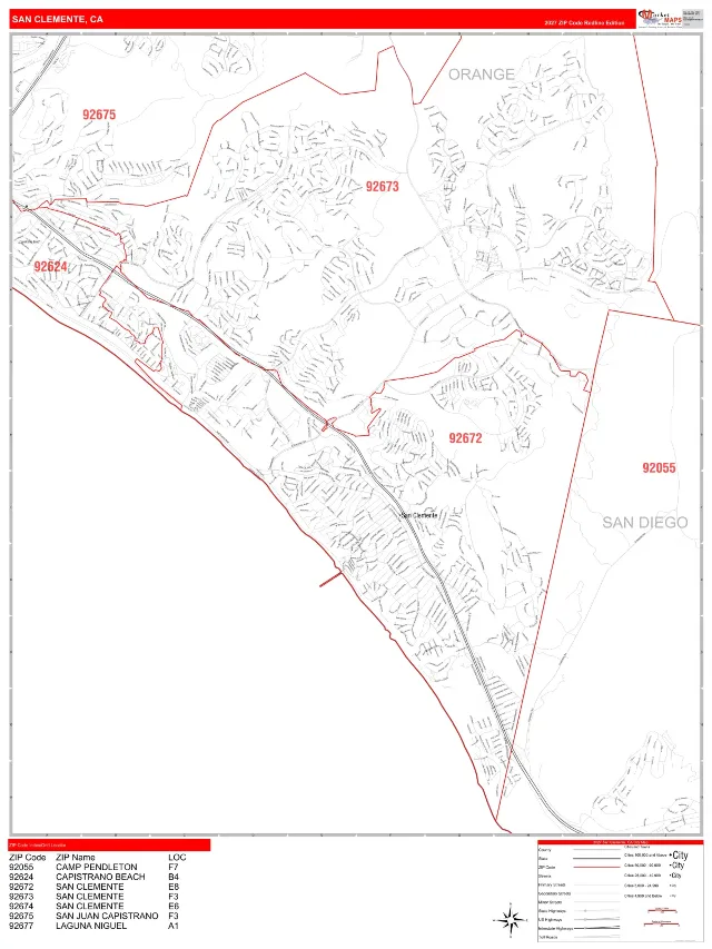 San Clemente, CA ZIP Code Wall Map, RedLine style