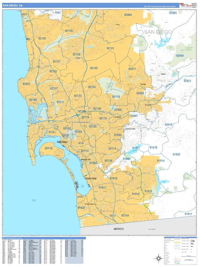 San Diego, CA ZIP Code Wall Map, Business Reference style