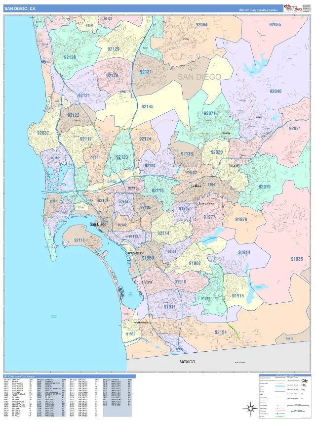 San Diego, CA ZIP Code Wall Map, ColorCast style