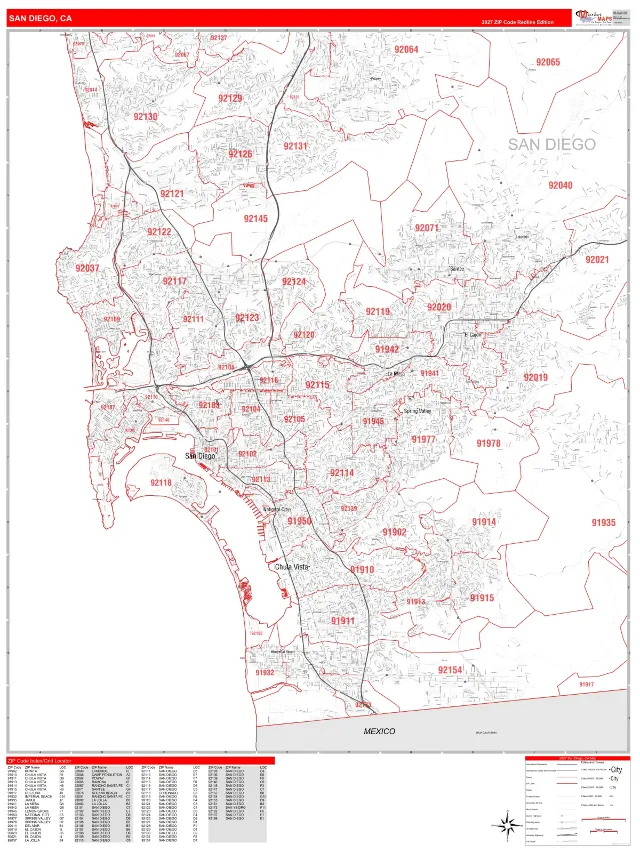 San Diego, CA ZIP Code Wall Map, RedLine style