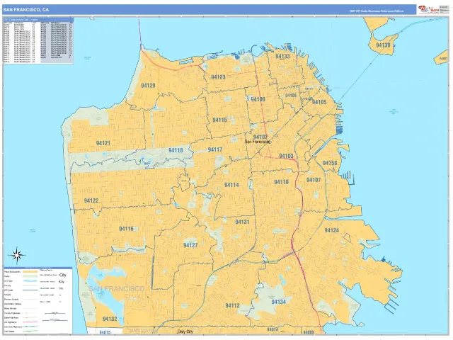San Francisco, CA ZIP Code Wall Map, Business Reference style
