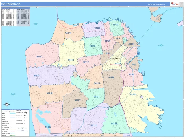 San Francisco, CA ZIP Code Wall Map, ColorCast style