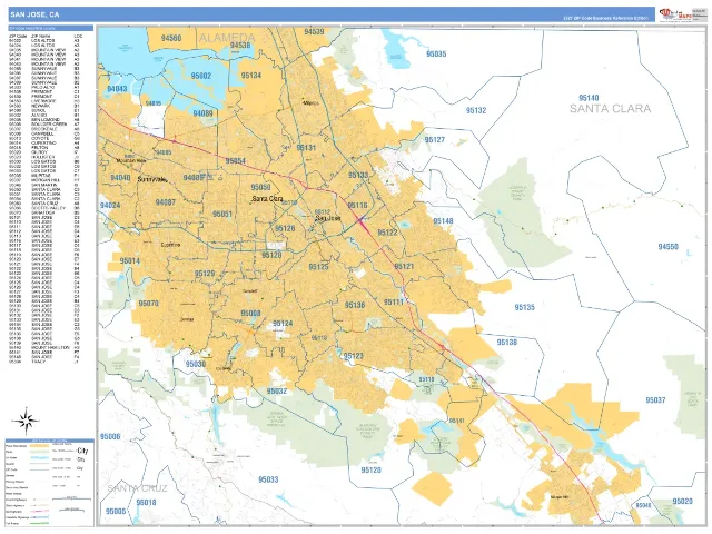 San Jose, CA ZIP Code Wall Map, Business Reference style