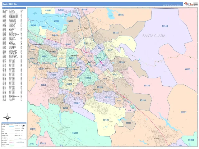San Jose, CA ZIP Code Wall Map, ColorCast style