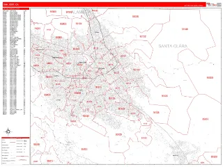 San Jose, CA RedLine style ZIP Code wall map