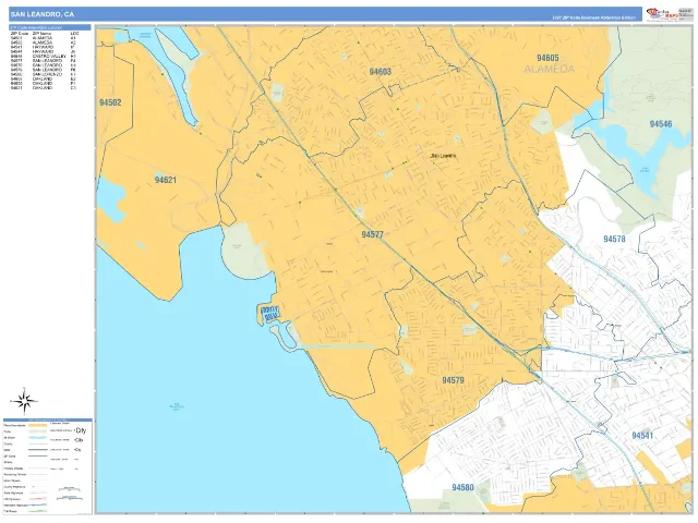 San Leandro, CA ZIP Code Wall Map, Business Reference style