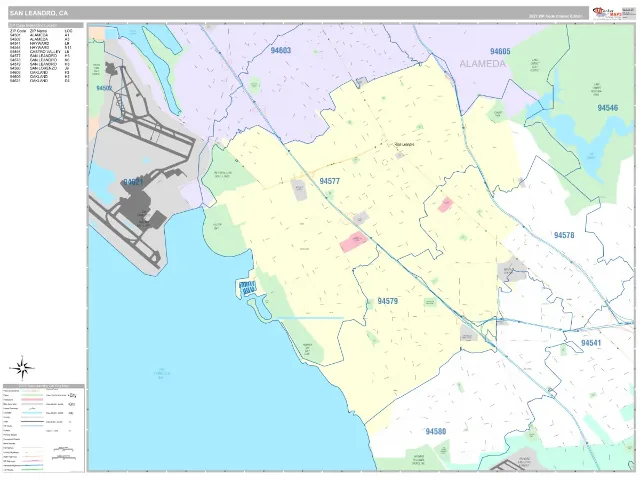 San Leandro, CA ZIP Code Wall Map, Classic style