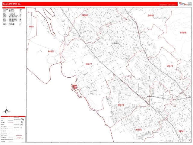 San Leandro, CA ZIP Code Wall Map, RedLine style