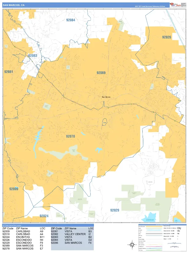 San Marcos, CA ZIP Code Wall Map, Business Reference style