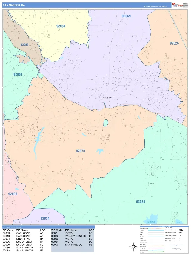 San Marcos, CA ZIP Code Wall Map, ColorCast style