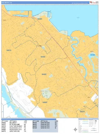 San Mateo, CA Business Reference style ZIP Code wall map