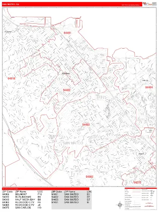 San Mateo, CA RedLine style ZIP Code wall map