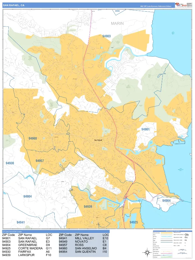 San Rafael, CA ZIP Code Wall Map, Business Reference style