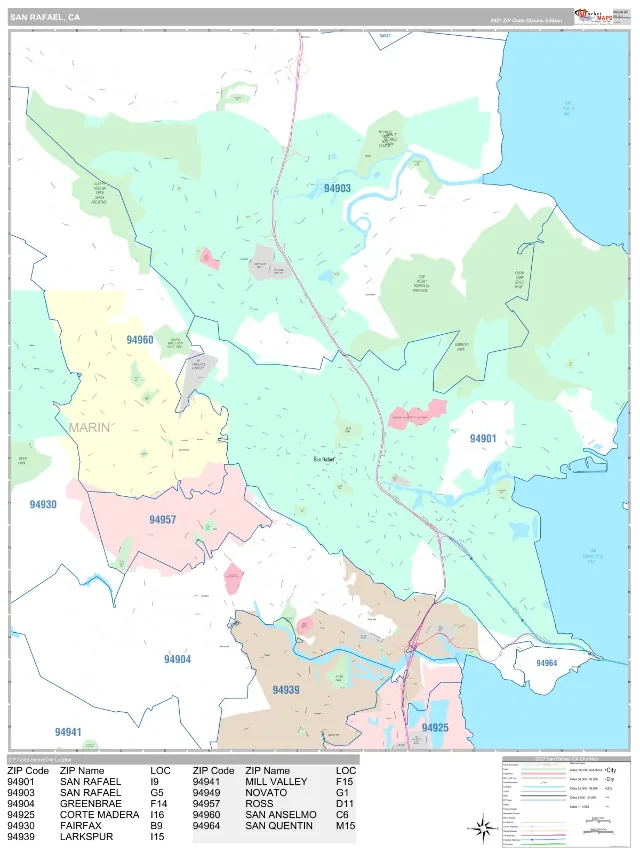 San Rafael, CA ZIP Code Wall Map, Classic style