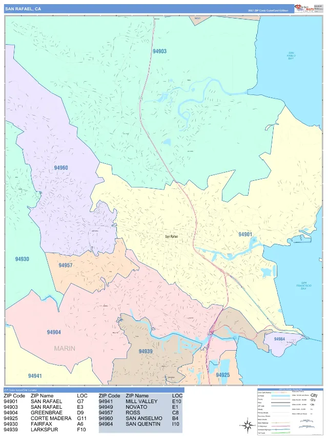 San Rafael, CA ZIP Code Wall Map, ColorCast style
