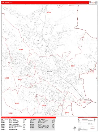 San Rafael, CA RedLine style ZIP Code wall map