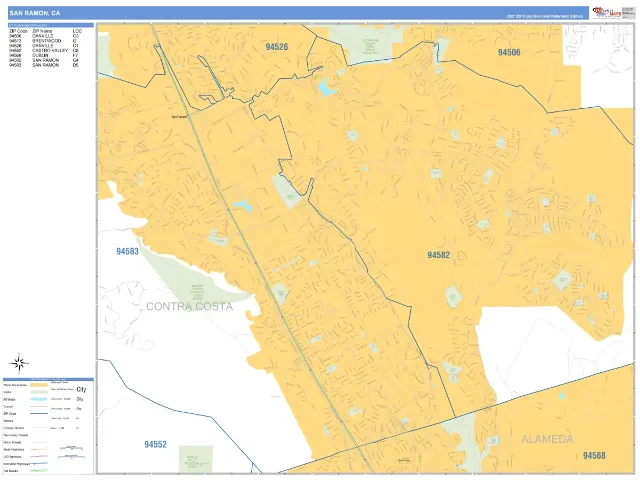 San Ramon, CA ZIP Code Wall Map, Business Reference style