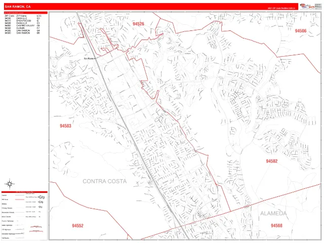 San Ramon, CA ZIP Code Wall Map, RedLine style