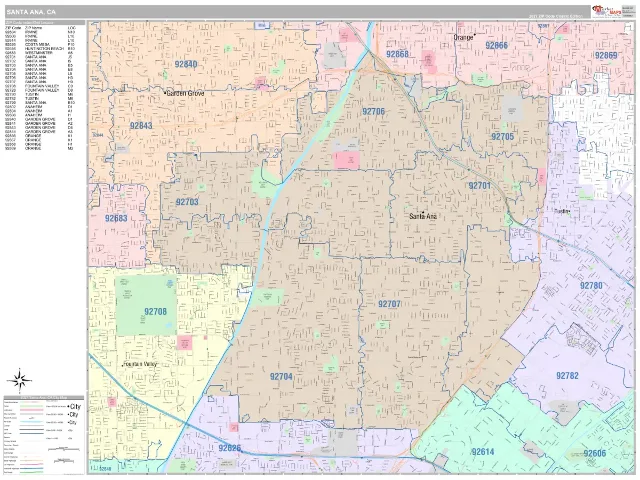 Santa Ana, CA ZIP Code Wall Map, Classic style