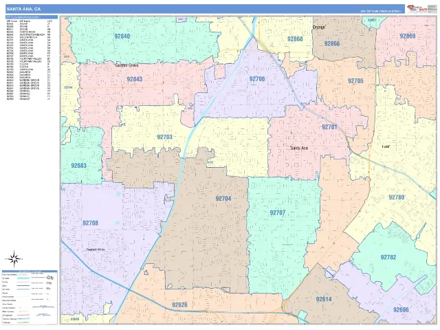 Santa Ana, CA ZIP Code Wall Map, ColorCast style