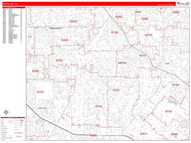 Santa Ana, CA ZIP Code Wall Map, RedLine style