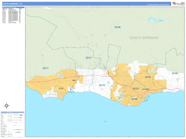 Santa Barbara, CA ZIP Code Wall Map, Business Reference style