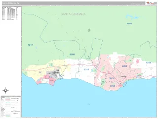 Santa Barbara, CA Classic style ZIP Code wall map