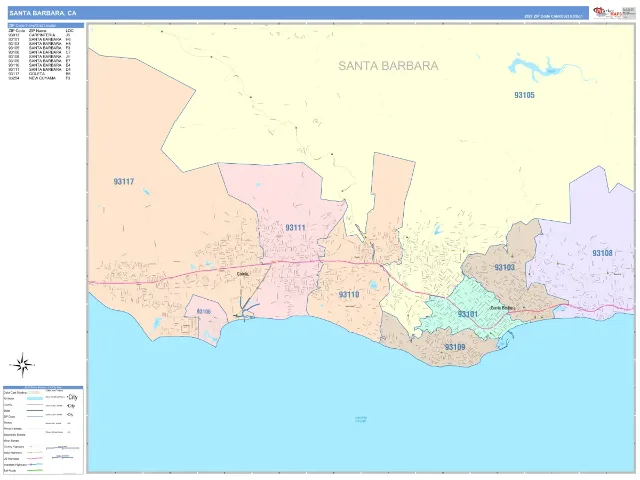 Santa Barbara, CA ZIP Code Wall Map, ColorCast style