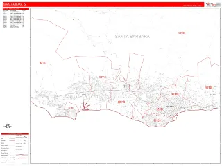 Santa Barbara, CA RedLine style ZIP Code wall map