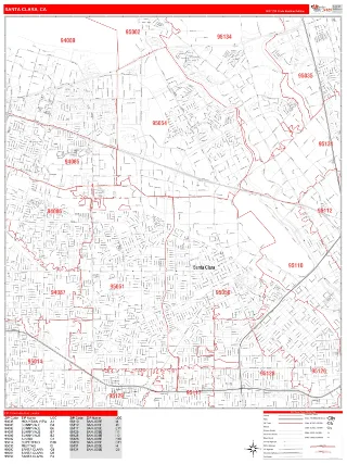 Santa Clara, CA RedLine style ZIP Code wall map