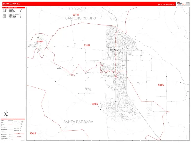 Santa Maria, CA ZIP Code Wall Map, RedLine style