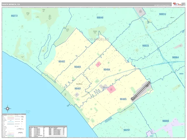 Santa Monica, CA ZIP Code Wall Map, Classic style