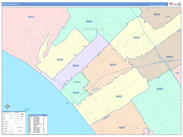 Santa Monica, CA ZIP Code Wall Map, ColorCast style