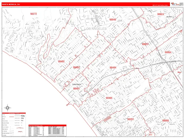 Santa Monica, CA ZIP Code Wall Map, RedLine style