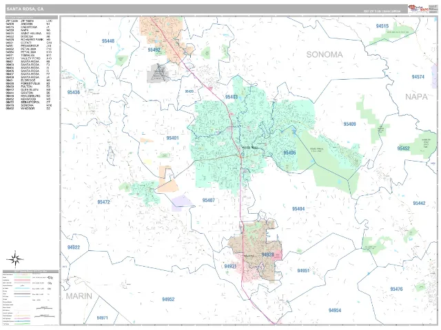 Santa Rosa, CA ZIP Code Wall Map, Classic style