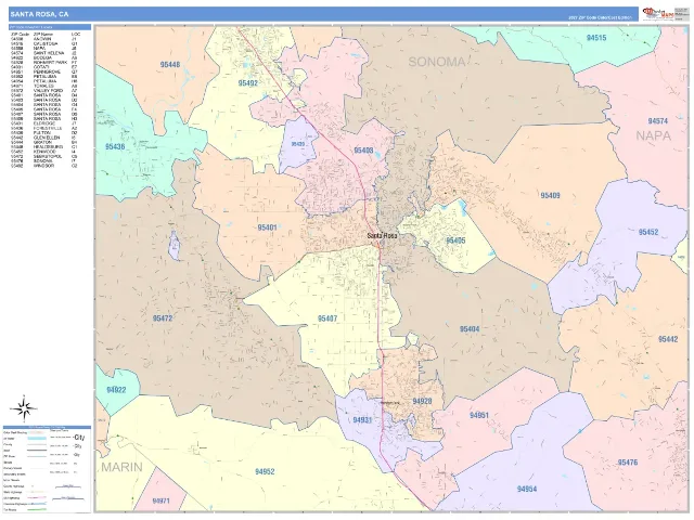 Santa Rosa, CA ZIP Code Wall Map, ColorCast style