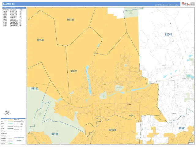 Santee, CA ZIP Code Wall Map, Business Reference style
