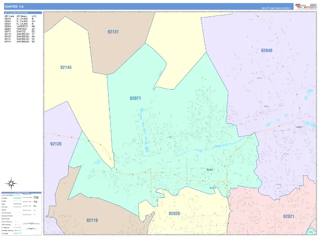 Santee, CA ZIP Code Wall Map, ColorCast style