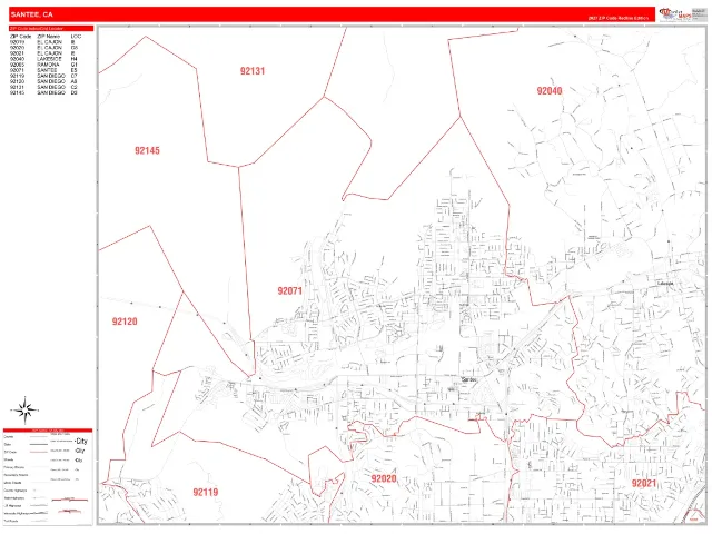 Santee, CA ZIP Code Wall Map, RedLine style