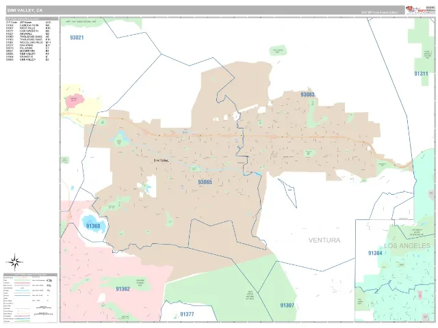 Simi Valley, CA ZIP Code Wall Map, Classic style