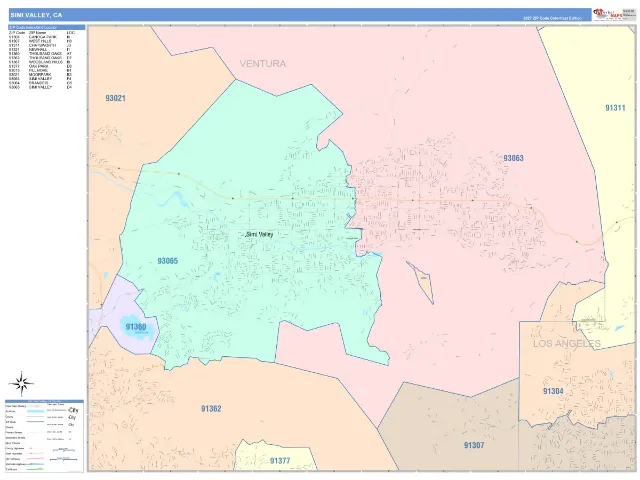 Simi Valley, CA ZIP Code Wall Map, ColorCast style