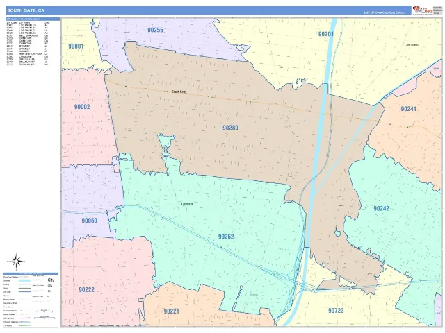 South Gate, CA ZIP Code Wall Map, ColorCast style