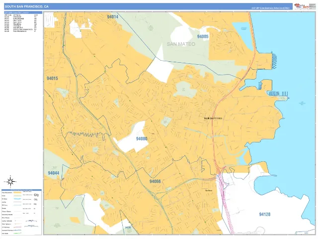South San Francisco, CA ZIP Code Wall Map, Business Reference style